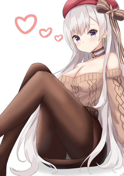 Anime picture 992x1403 with azur lane belfast (azur lane) belfast (shopping with the head maid) (azur lane) hayashi maka single tall image looking at viewer blush fringe breasts light erotic simple background smile large breasts white background sitting purple eyes bare shoulders payot cleavage