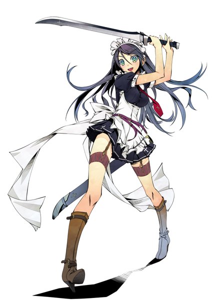 Anime picture 1447x2046 with original murakami suigun single long hair tall image black hair white background green eyes maid girl weapon sword boots headdress maid headdress
