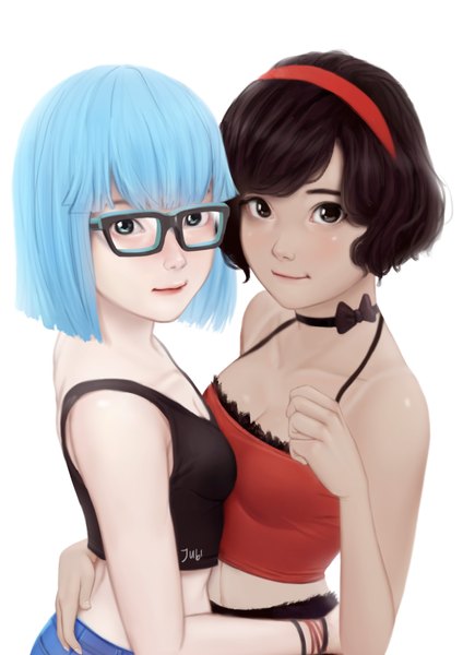 Anime-Bild 2480x3508 mit original lizha (jubi) jubi (regiana) tall image looking at viewer fringe highres short hair breasts blue eyes light erotic simple background brown hair white background bare shoulders multiple girls signed blue hair upper body from above