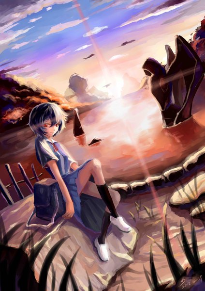 Anime picture 2480x3507 with neon genesis evangelion rebuild of evangelion evangelion: 2.0 you can (not) advance end of evangelion gainax ayanami rei single tall image looking at viewer highres short hair red eyes sitting blue hair sky cloud (clouds) sunlight crossed legs evening sunset