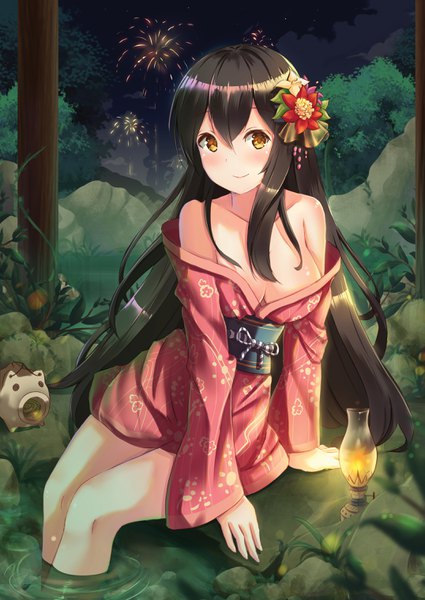 Anime picture 2150x3035 with original holmemee single long hair tall image looking at viewer blush fringe highres breasts light erotic black hair hair between eyes large breasts brown eyes payot cleavage outdoors traditional clothes japanese clothes