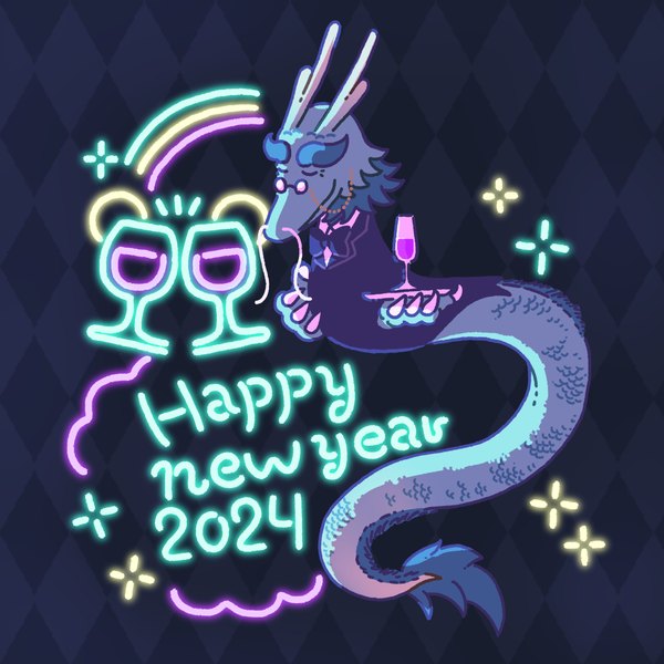Anime picture 1158x1158 with original hori00 single text no people english new year fantasy rhombus happy new year 2024 dragon tray wine glass eastern dragon