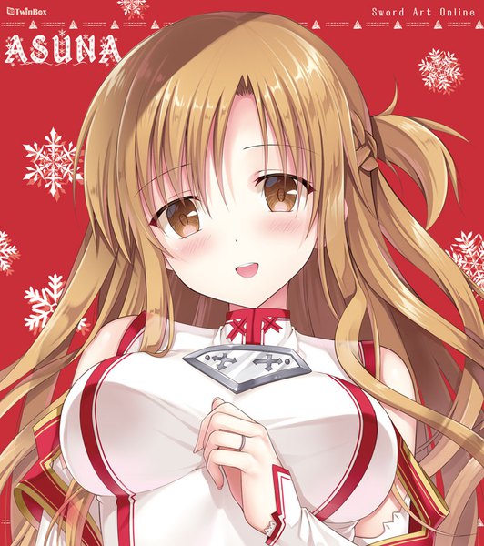Anime picture 800x902 with sword art online a-1 pictures yuuki asuna sousouman single long hair tall image looking at viewer blush open mouth brown hair brown eyes girl dress snowflake (snowflakes)