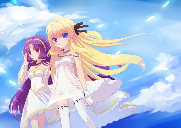 Anime picture 2121x1500 with original delores (mvv) eleanor (mvv) mvv long hair highres blue eyes blonde hair purple eyes multiple girls purple hair cloud (clouds) loli girl thighhighs dress 2 girls white thighhighs jewelry wrist cuffs