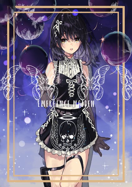Anime picture 1169x1653 with original teshima nari single long hair tall image looking at viewer blush fringe breasts open mouth black hair simple background hair between eyes standing bare shoulders yellow eyes bent knee (knees) pleated skirt sparkle sleeveless
