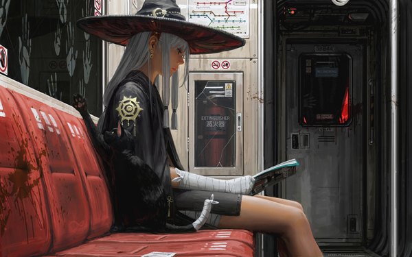 Anime picture 6000x3750 with original guweiz single long hair highres sitting holding payot absurdres white hair profile grey eyes looking down side slit witch reading train interior no smoking hand print girl