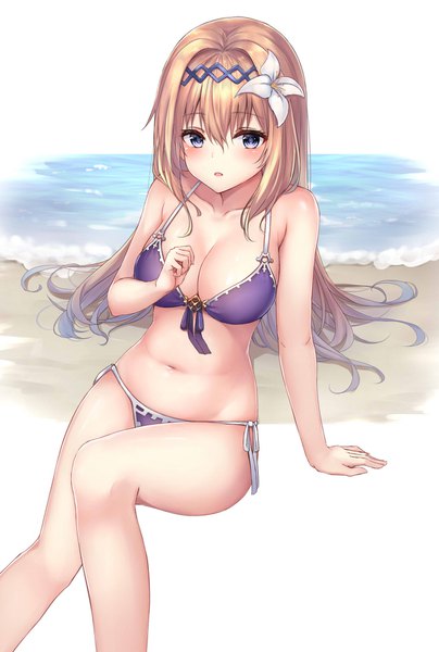 Anime picture 1264x1873 with granblue fantasy jeanne d'arc (granblue fantasy) ym (distance819) single long hair tall image looking at viewer blush fringe breasts open mouth blue eyes light erotic simple background blonde hair hair between eyes large breasts sitting bare shoulders cleavage