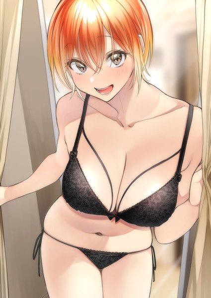 Anime-Bild 1451x2048 mit original rinku (rin9) single tall image looking at viewer blush fringe short hair breasts open mouth light erotic smile hair between eyes large breasts standing holding brown eyes cleavage indoors :d