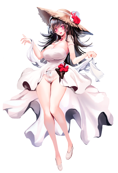 Anime picture 2860x4200 with original zerocat single long hair tall image looking at viewer blush fringe highres breasts open mouth light erotic black hair simple background smile large breasts standing white background cleavage full body