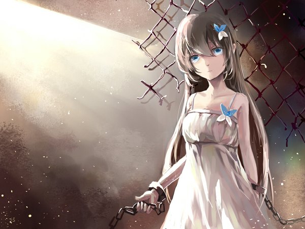 Anime picture 1024x768 with vocaloid vocaloid china luo tianyi moriz single long hair blue eyes brown hair bare shoulders girl dress hair ornament chain wrist cuffs sundress