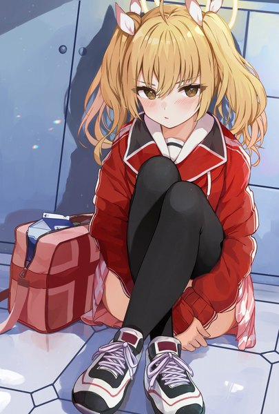 Anime picture 1013x1500 with blue archive yoshimi (blue archive) racchi. single long hair tall image blush fringe blonde hair hair between eyes sitting twintails brown eyes full body ahoge shadow crossed legs against wall girl thighhighs