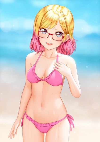 Anime picture 2000x2829 with original egawo single tall image looking at viewer blush fringe highres short hair breasts open mouth blue eyes light erotic blonde hair smile standing pink hair :d multicolored hair blurry