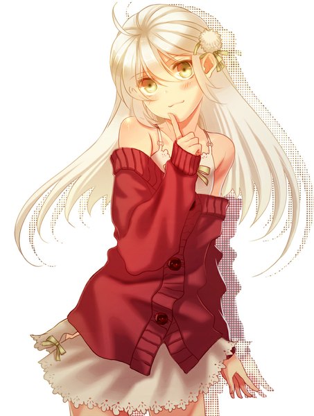 Anime picture 775x1025 with original ktsis single long hair tall image looking at viewer blush yellow eyes white hair light smile girl skirt hair ornament sweater