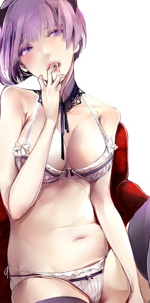 Anime picture 521x1050 with original azumi single tall image short hair breasts light erotic large breasts sitting purple eyes looking away purple hair saliva licking girl thighhighs underwear panties choker lingerie