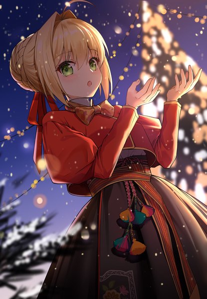 Anime picture 692x1000 with fate (series) fate/extra nero claudius (fate) nero claudius (fate/extra) hokuotzu single tall image looking at viewer blush fringe short hair open mouth blonde hair hair between eyes standing green eyes payot ahoge outdoors braid (braids)