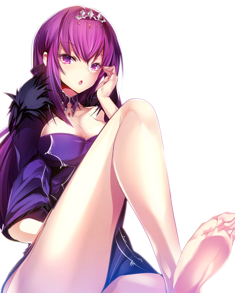 Anime picture 1024x1280 with fate (series) fate/grand order scathach (fate) (all) scathach skadi (fate) silly (marinkomoe) single long hair tall image looking at viewer blush fringe breasts open mouth light erotic simple background hair between eyes large breasts white background purple eyes cleavage