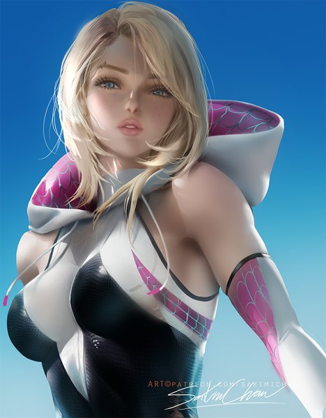 Anime picture 780x1000 with marvel comics gwen stacy spider-gwen spider-girl sakimichan single tall image looking at viewer short hair breasts blue eyes light erotic blonde hair bare shoulders signed upper body parted lips realistic off shoulder gradient background