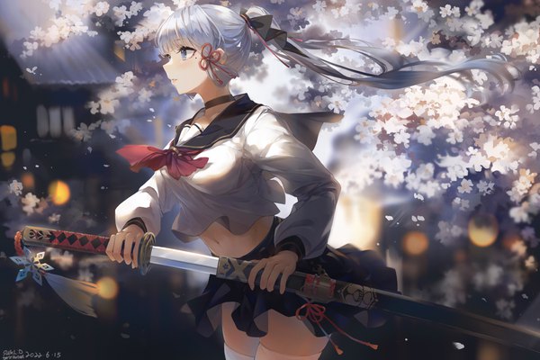 Anime picture 4659x3104 with genshin impact kamisato ayaka swkl:d single long hair blush fringe highres breasts blue eyes standing holding signed looking away absurdres silver hair outdoors ponytail blunt bangs long sleeves