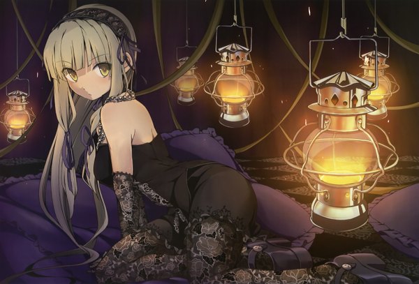 Anime picture 5599x3806 with megami magazine girl's avenue azuma syoujuan single long hair highres blonde hair bare shoulders yellow eyes absurdres scan checkered floor floor girl dress gloves ribbon (ribbons) elbow gloves hairband pillow