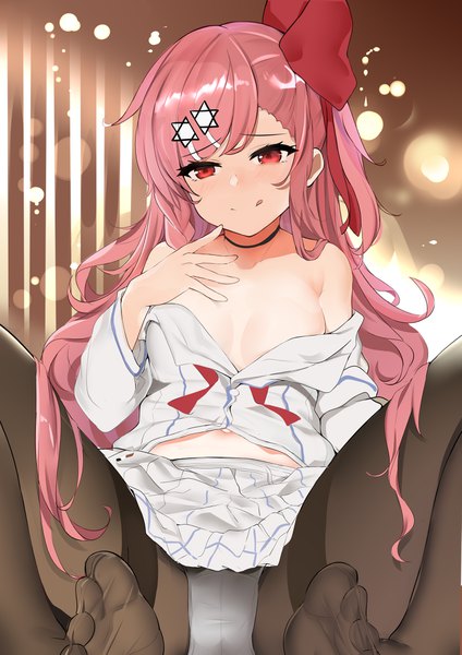 Anime picture 2894x4093 with girls frontline negev (girls' frontline) slm single long hair tall image looking at viewer blush fringe highres breasts light erotic smile red eyes bare shoulders pink hair braid (braids) pleated skirt off shoulder one side up