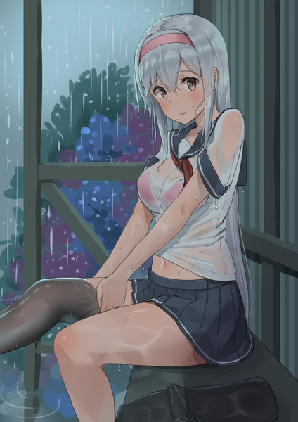 Anime picture 1500x2121 with kantai collection shoukaku aircraft carrier soushou nin single long hair tall image looking at viewer blush fringe breasts open mouth light erotic hair between eyes sitting brown eyes payot silver hair outdoors head tilt pleated skirt