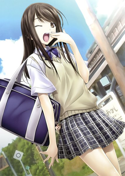 Anime picture 2494x3500 with original shiono hiro single long hair tall image highres open mouth brown hair brown eyes looking away one eye closed scan plaid skirt yawn girl skirt uniform school uniform vest school bag