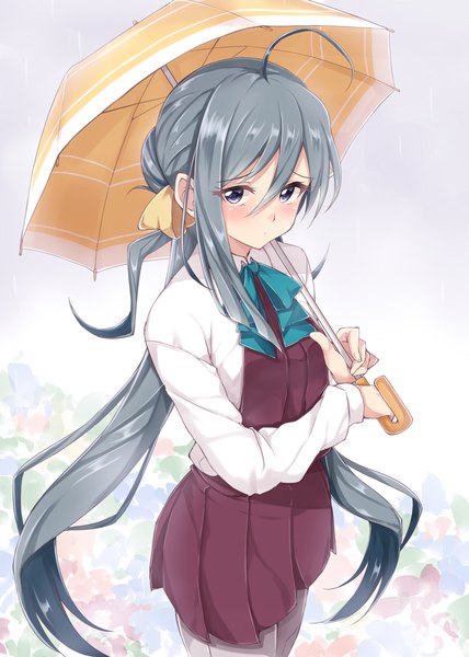 Anime picture 857x1200 with kantai collection kiyoshimo destroyer jiino single long hair tall image looking at viewer blush fringe hair between eyes standing purple eyes ahoge from above grey hair low ponytail girl uniform school uniform pantyhose
