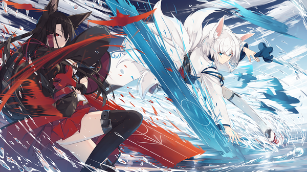 Anime picture 1752x984 with azur lane akagi (azur lane) kaga (azur lane) nagishiro mito long hair looking at viewer fringe highres short hair blue eyes light erotic black hair hair between eyes red eyes wide image standing multiple girls holding animal ears sky