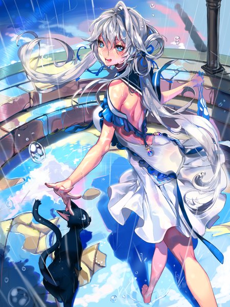 Anime picture 3000x4000 with furyou michi ~gang road~ imp single long hair tall image highres open mouth blue eyes white hair looking back barefoot rain girl dress ribbon (ribbons) hair ribbon animal cat