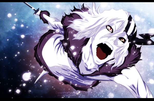 Anime picture 1411x932 with bleach studio pierrot kurosaki ichigo schwarrtz single short hair open mouth red eyes white hair coloring snowing letterboxed winter snow angry boy weapon sword katana fur