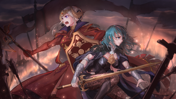 Anime-Bild 2880x1620 mit fire emblem fire emblem: three houses nintendo edelgard von hresvelg byleth (fire emblem) byleth (female) (fire emblem) lin (cloverholic) long hair highres short hair open mouth wide image standing purple eyes multiple girls holding payot looking away silver hair cloud (clouds)