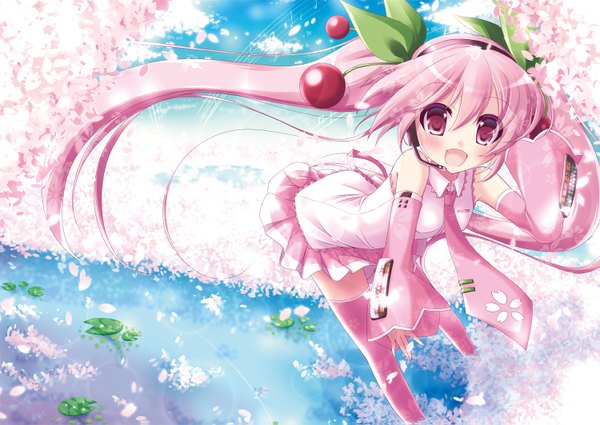 Anime picture 1500x1063 with vocaloid hatsune miku sakura miku tougo single blush open mouth red eyes twintails pink hair very long hair cherry blossoms girl thighhighs skirt detached sleeves miniskirt petals necktie food