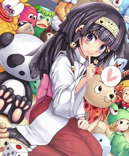 Anime picture 1155x1400 with hunter x hunter alluka zoldyck single long hair tall image blush black hair smile sitting purple eyes looking back girl hair ornament bow heart hairband toy stuffed animal doll (dolls)