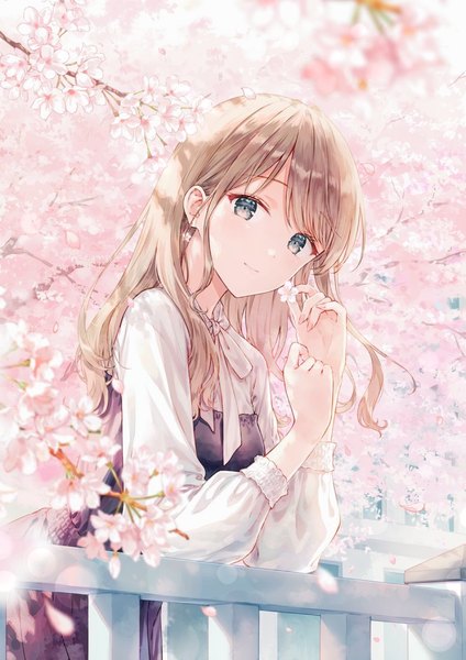 Anime picture 1098x1552 with original hiten (hitenkei) single long hair tall image looking at viewer fringe smile brown hair standing holding outdoors long sleeves grey eyes leaning leaning forward cherry blossoms spring girl flower (flowers)