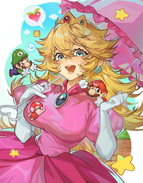 Anime-Bild 3209x4096 mit super mario bros. princess peach mario luigi toad mato-c long hair tall image looking at viewer blush fringe highres open mouth blonde hair hair between eyes holding absurdres sky cloud (clouds) full body