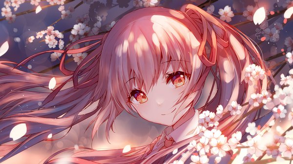 Anime picture 1920x1080 with vocaloid hatsune miku sakura miku bison cangshu single long hair looking at viewer blush fringe highres smile hair between eyes red eyes wide image twintails pink hair upper body wind cherry blossoms girl