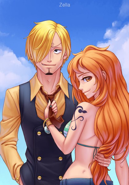 Anime picture 735x1050 with one piece toei animation nami (one piece) sanji mary rossing long hair tall image looking at viewer fringe short hair light erotic blonde hair smile standing bare shoulders holding signed looking away sky cloud (clouds)