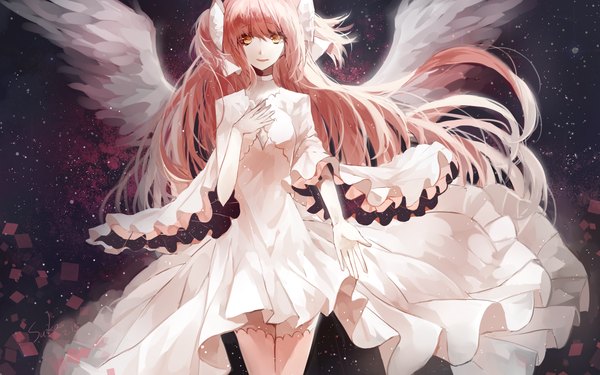 Anime picture 2400x1500 with mahou shoujo madoka magica shaft (studio) kaname madoka goddess madoka cui (jidanhaidaitang) single long hair looking at viewer highres smile standing twintails yellow eyes pink hair outstretched arm white wings girl dress wings white dress