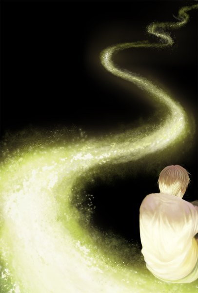 Anime picture 1188x1754 with mushishi ginko sl died single tall image short hair blonde hair sitting white hair from behind glowing dark background boy shirt