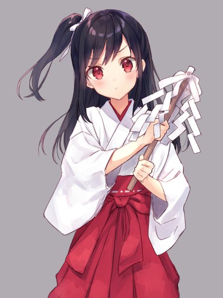 Anime picture 750x1000 with kaiketsu! obake capriccio!! tagme (character) rimo single long hair tall image looking at viewer blush black hair simple background red eyes traditional clothes japanese clothes grey background side ponytail miko :< girl ribbon (ribbons) hair ribbon