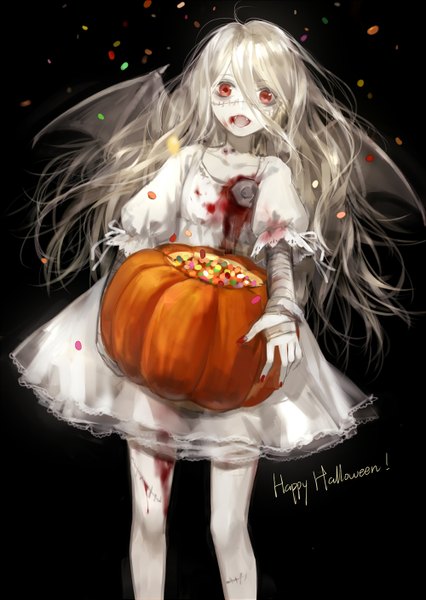 Anime picture 1000x1409 with original cotta single long hair tall image looking at viewer open mouth blonde hair simple background red eyes nail polish inscription teeth fang (fangs) black background scar halloween pale skin bat wings happy halloween