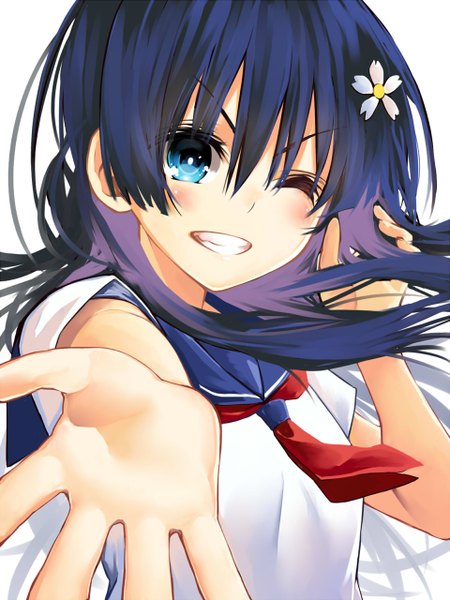 Anime picture 960x1280 with to aru kagaku no railgun j.c. staff saten ruiko kawakami masaki single long hair tall image looking at viewer blush blue eyes black hair simple background white background one eye closed hair flower wink grin outstretched hand girl uniform