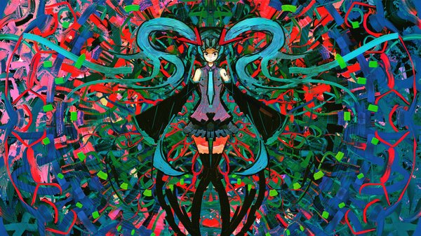 イラスト 1600x900 と ボーカロイド 初音ミク shuta ソロ 長髪 wide image ツインテール 肩出し long sleeves pleated skirt aqua hair abstract 女の子 袖だけ 長靴