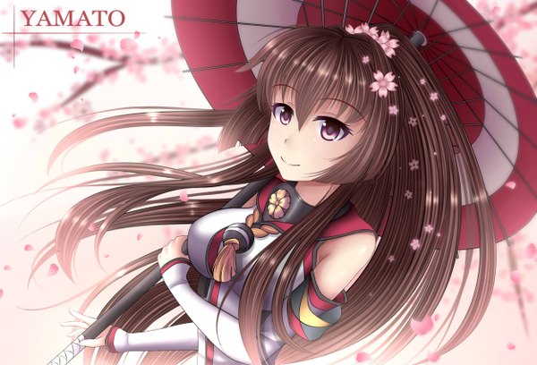 Anime picture 2500x1700 with kantai collection yamato super battleship guardian-panda single long hair fringe highres breasts hair between eyes brown hair purple eyes bare shoulders payot looking away ponytail hair flower character names cherry blossoms girl uniform