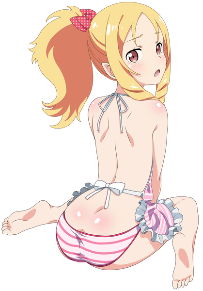 Anime picture 5208x7465 with eromanga sensei a-1 pictures yamada elf pink x defangus single long hair tall image looking at viewer highres open mouth light erotic blonde hair sitting brown eyes payot absurdres full body ass ponytail