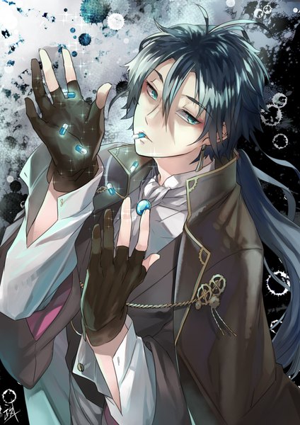 Anime picture 1240x1754 with bungou to alchemist akutagawa ryuunosuke (bungou to alchemist) mstlp single long hair tall image fringe blue eyes hair between eyes holding signed looking away ahoge head tilt aqua hair mouth hold low ponytail boy gloves shirt