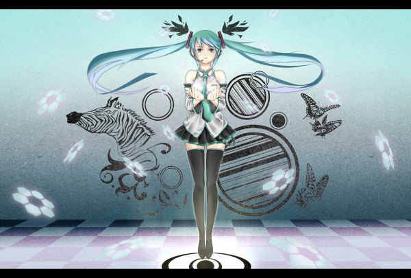 Anime picture 1200x810 with vocaloid saihate (vocaloid) hatsune miku ahirun single long hair twintails aqua eyes aqua hair letterboxed checkered floor weightlessness girl thighhighs detached sleeves necktie