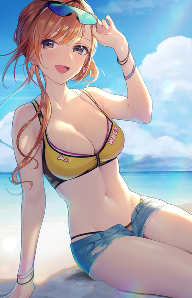 Anime picture 1581x2448 with idolmaster idolmaster shiny colors arisugawa natsuha magako single long hair tall image looking at viewer blush fringe breasts open mouth light erotic smile hair between eyes large breasts sitting brown eyes sky cloud (clouds)