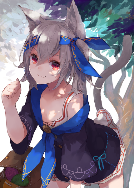 Anime picture 863x1208 with original makihitsuji single long hair tall image looking at viewer fringe light erotic smile hair between eyes red eyes animal ears tail animal tail pleated skirt grey hair cat ears cat girl cat tail multiple tails