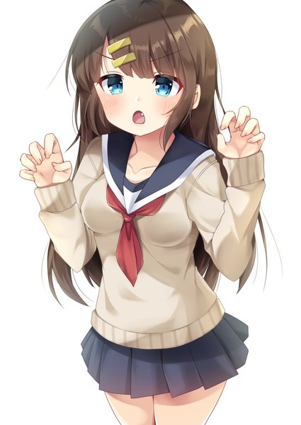 Anime picture 724x1023 with original fujikura ryuune single long hair tall image looking at viewer blush fringe open mouth blue eyes simple background brown hair standing white background payot blunt bangs pleated skirt fingernails fang (fangs) claw pose